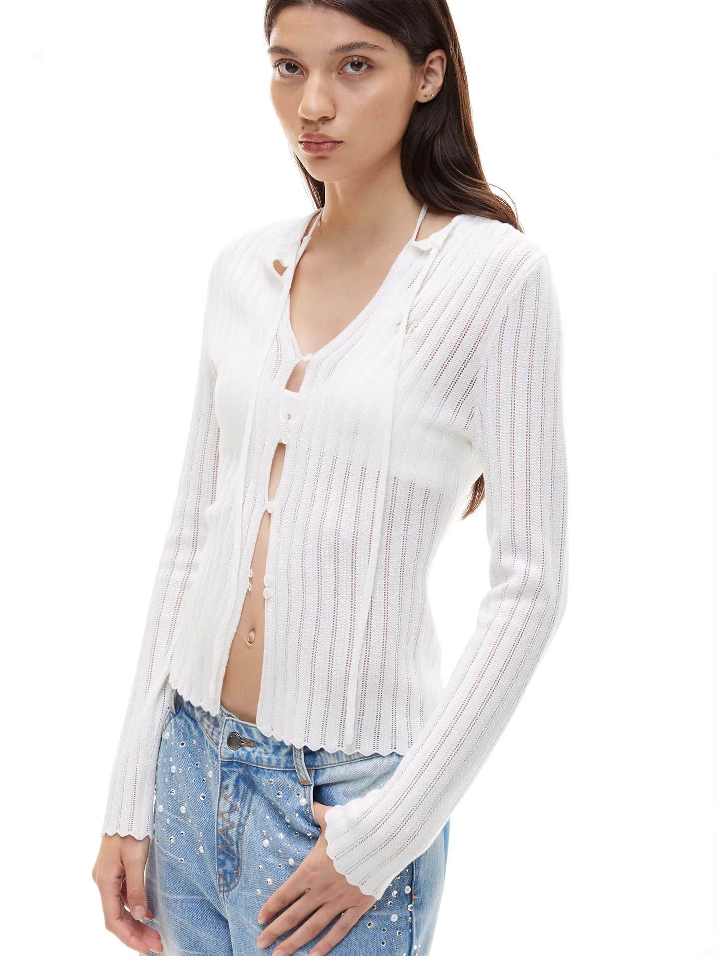 Openwork Ribbon Tie Knit Cardigan