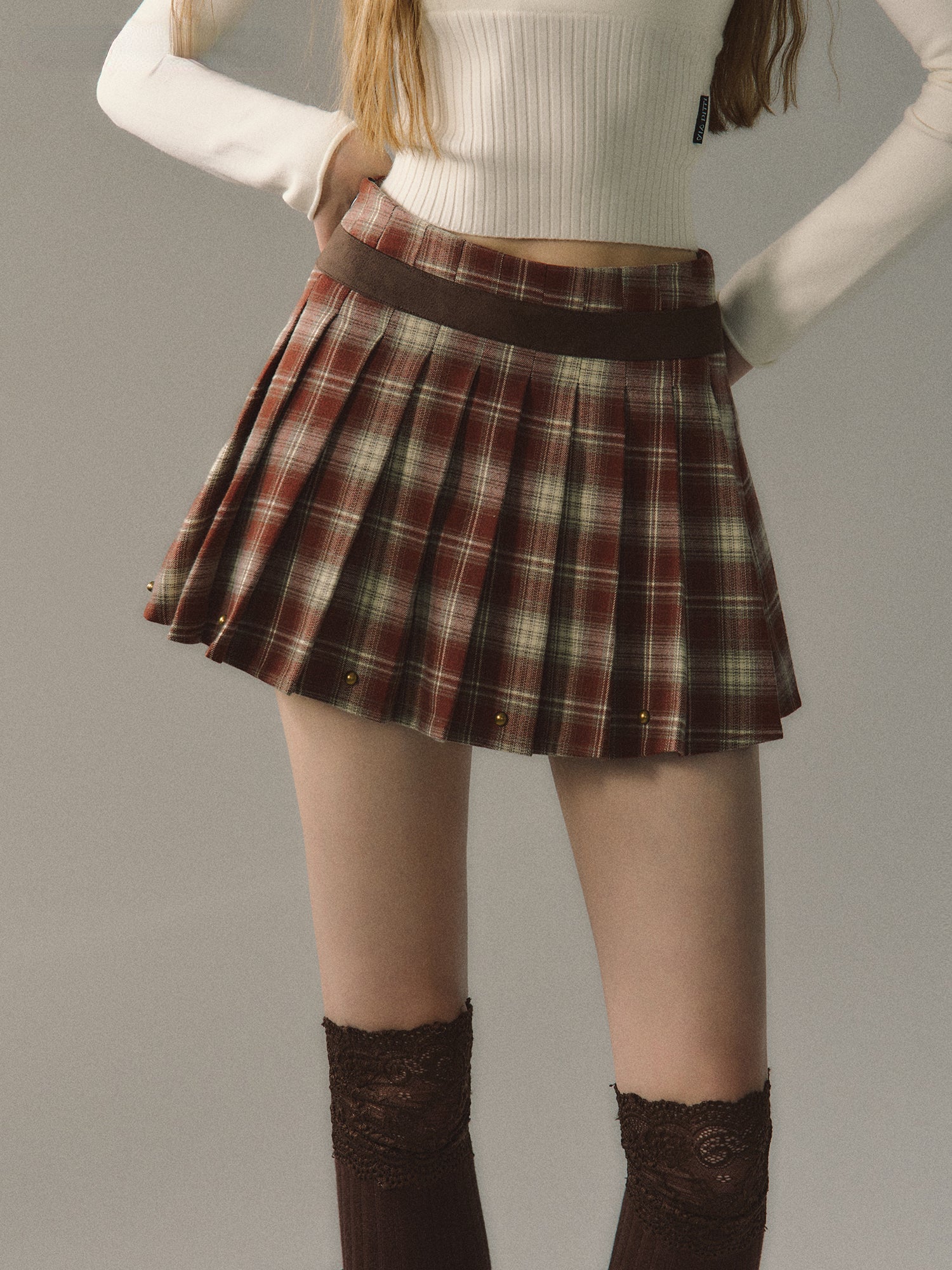 Red &amp; Coffee Plaid Pleated Mini Skirt - CHINASQUAD