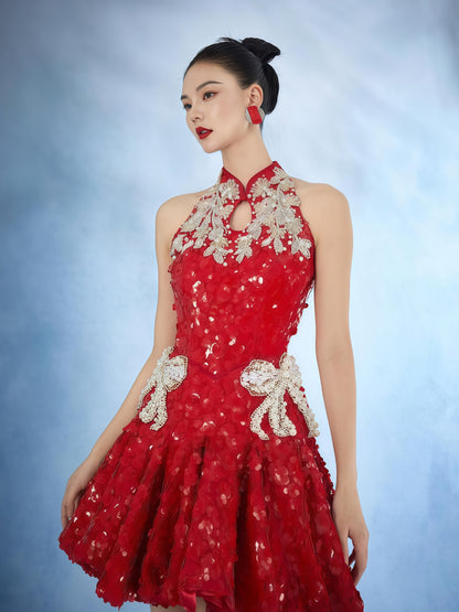 Oriental Rouge Embellished Halter Mini Dress