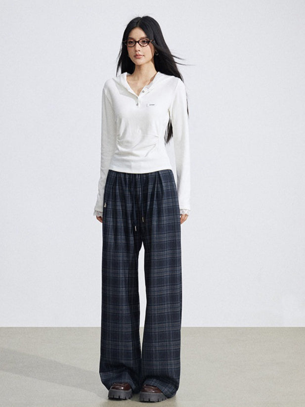 Elastic Waist Plaid Panel Wide-Leg Trousers