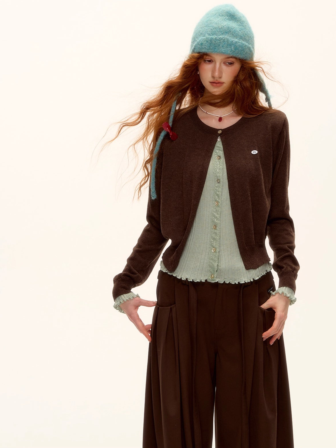 Contrast Panel Ruffled Knit Cardigan