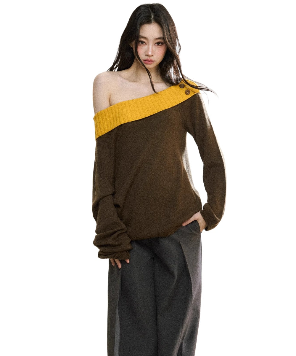 Two-Tone Asymmetric Off-Shoulder Knit Sweater