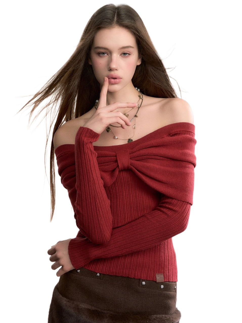 Off-Shoulder Bow Detail Knit Crewneck