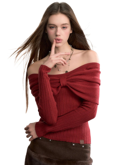 Off-Shoulder Bow Detail Knit Crewneck