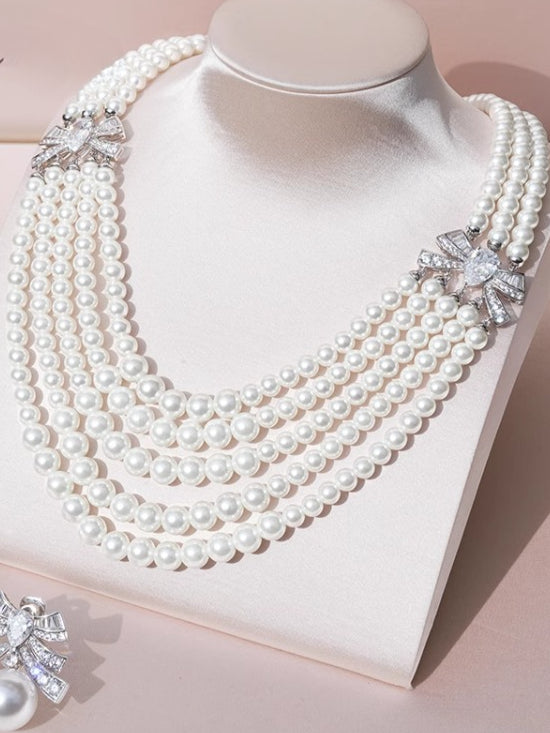 Multi-Layer Pearl Bow Choker Necklace