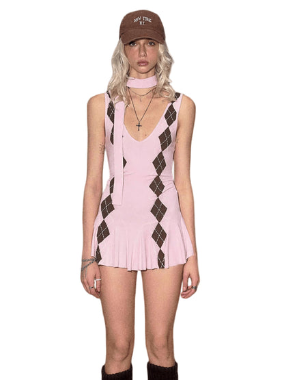 Deep V Knit Pleated Mini Dress &amp; Shorts Set