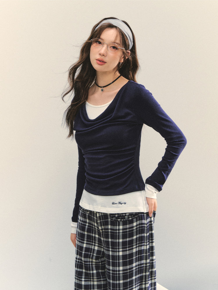 Dangle Collar Fake Two-Piece Color-Blocked Blouse - CHINASQUAD