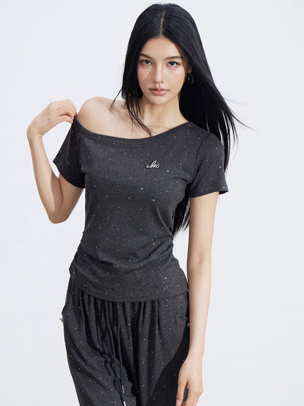 Off-Shoulder Draped Top Wide-Leg Pants Two-Piece Set