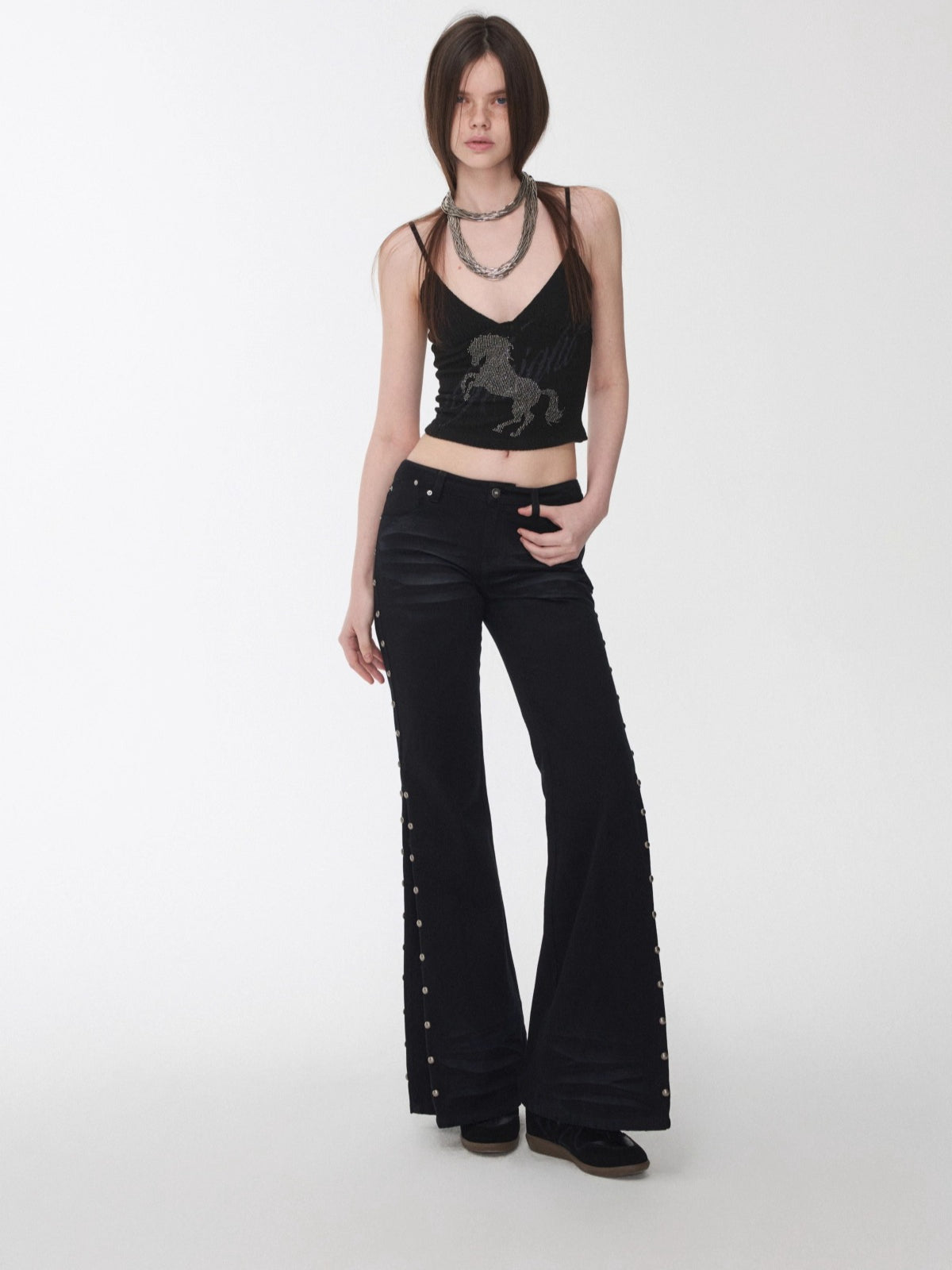 Studded Cat-Whisker Flared Denim Pants