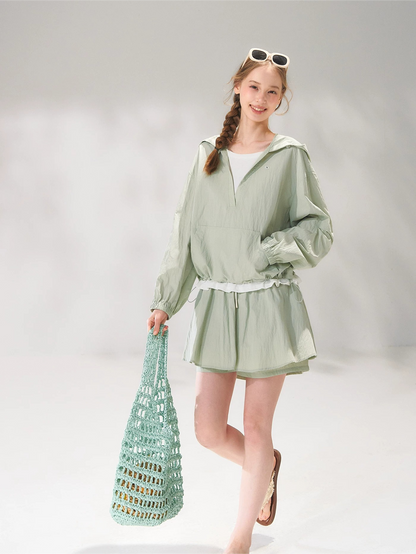 Hooded Drawstring Sun-Protective Jacket &amp; A-Line Skirt Set
