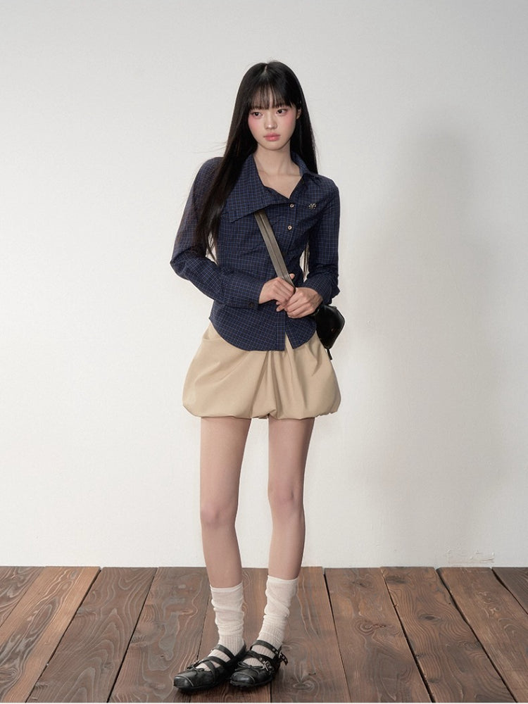 Navy Blue Asymmetric Collar Checked Shirt