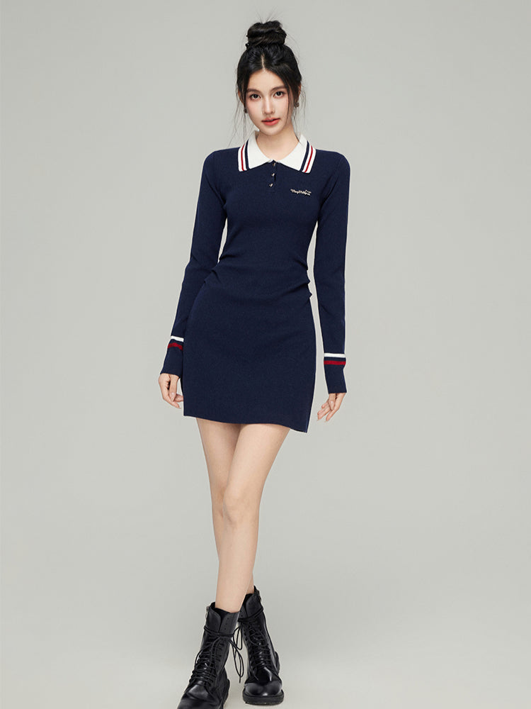 Polo Neck Waistline Knit Dress