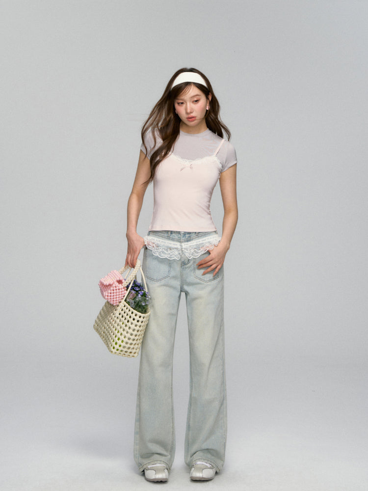 Lace-Trimmed Washed Straight-Leg Jeans Set - CHINASQUAD