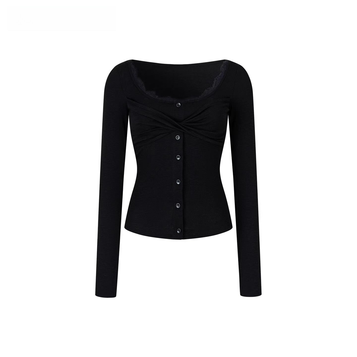 Lace Trim Button-Up Fitted Long Sleeve T-Shirt