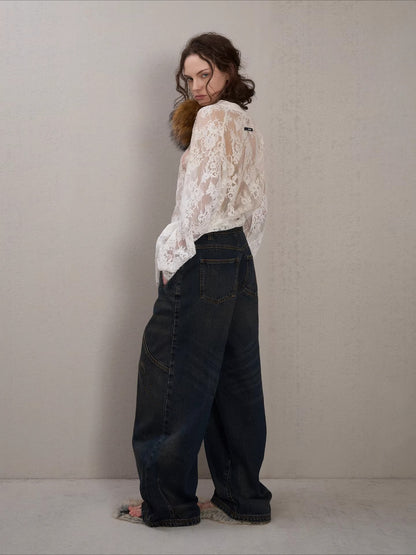 Vintage Washed Panelled Fleece-Lined Denim Pants