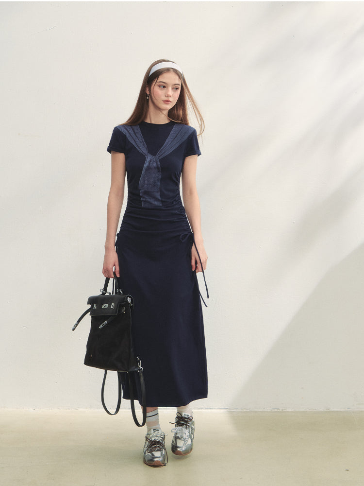 Printed Side Gathered Tie Dress - CHINASQUAD