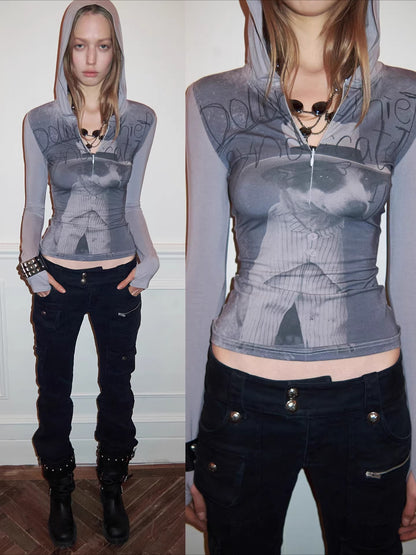 Zip-Up Hooded Long-Sleeve Fitted T-Shirt