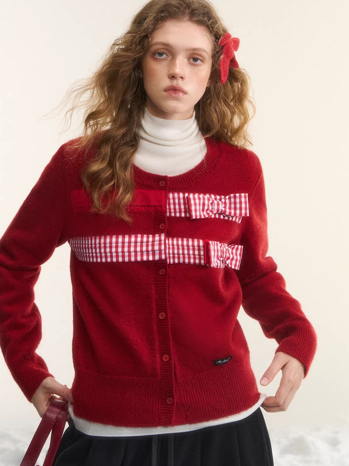 Vintage Checkered Patchwork Bow Knit Cardigan