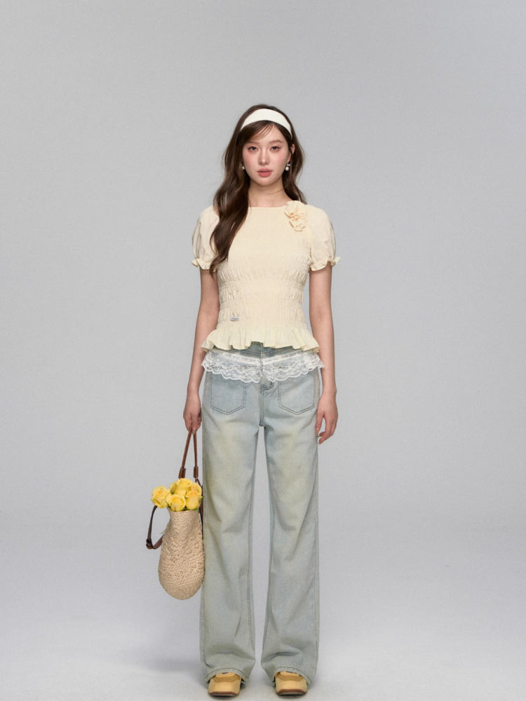 Lace-Trimmed Washed Straight-Leg Jeans Set - CHINASQUAD