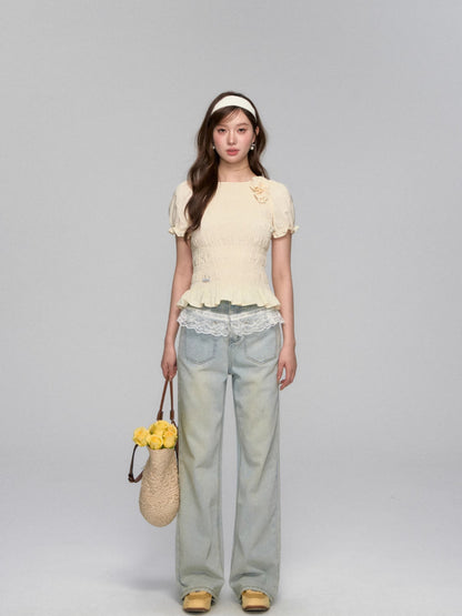 Lace-Trimmed Washed Straight-Leg Jeans Set - CHINASQUAD