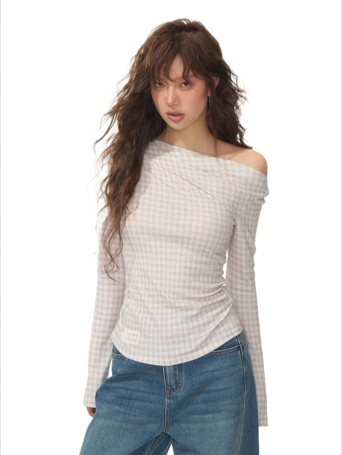 Velvet-Touch Plaid Draped Off-Shoulder Long Sleeve T-Shirts