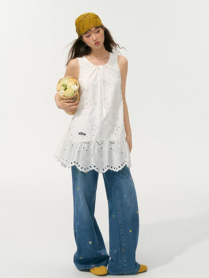 White 3D Embroidered Sleeveless Dress