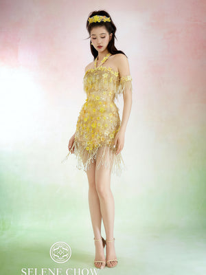 Golden Fringe Embellished Halter Mini Dress