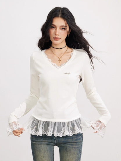 Lace Panel V-Neck Slim-Fit Long Sleeve T-Shirt
