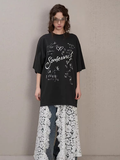 Letter Print Distressed Oversized T-Shirt