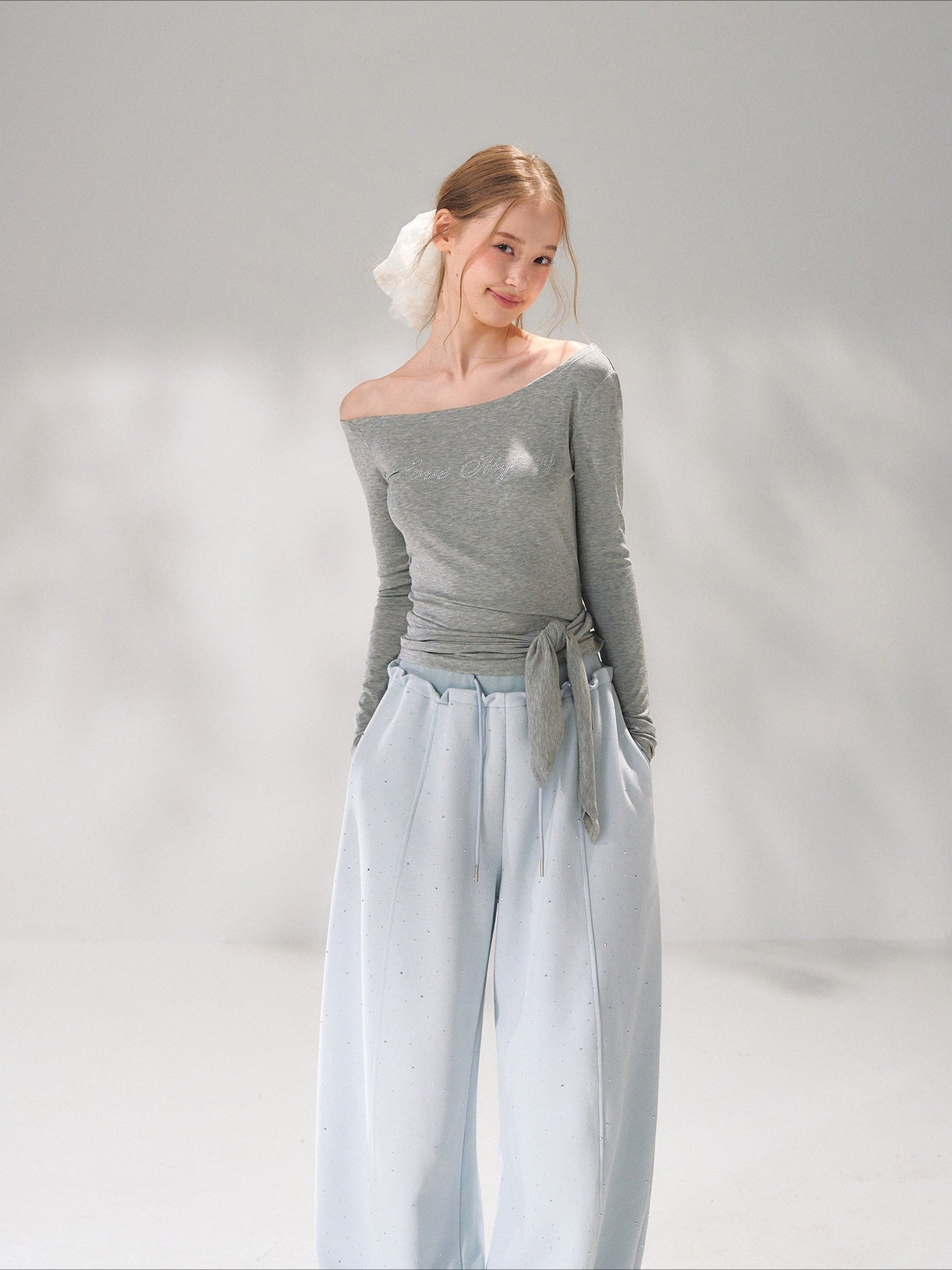 Asymmetric Crystal Logo Tie-Shoulder Fitted Tee