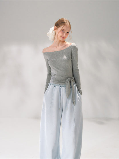 Asymmetric Crystal Logo Tie-Shoulder Fitted Tee