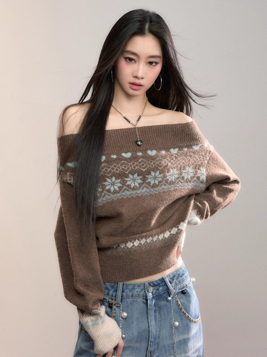 Fair Isle Off-Shoulder Wool Blend Knit Sweater