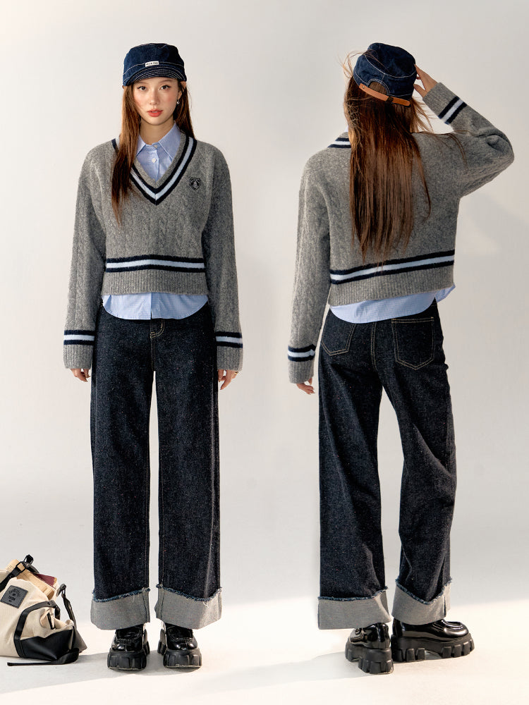 Academy Style Color-Block Knit Long-Sleeve Top