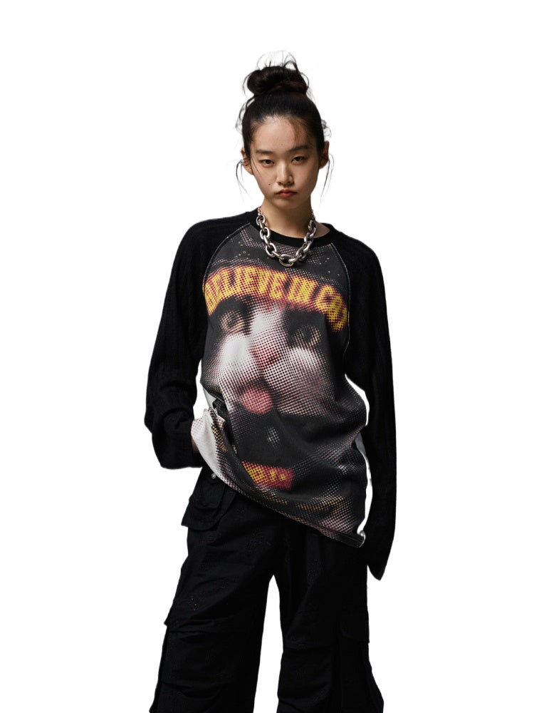 Printed Knitted Raglan-Sleeve T-Shirt - CHINASQUAD