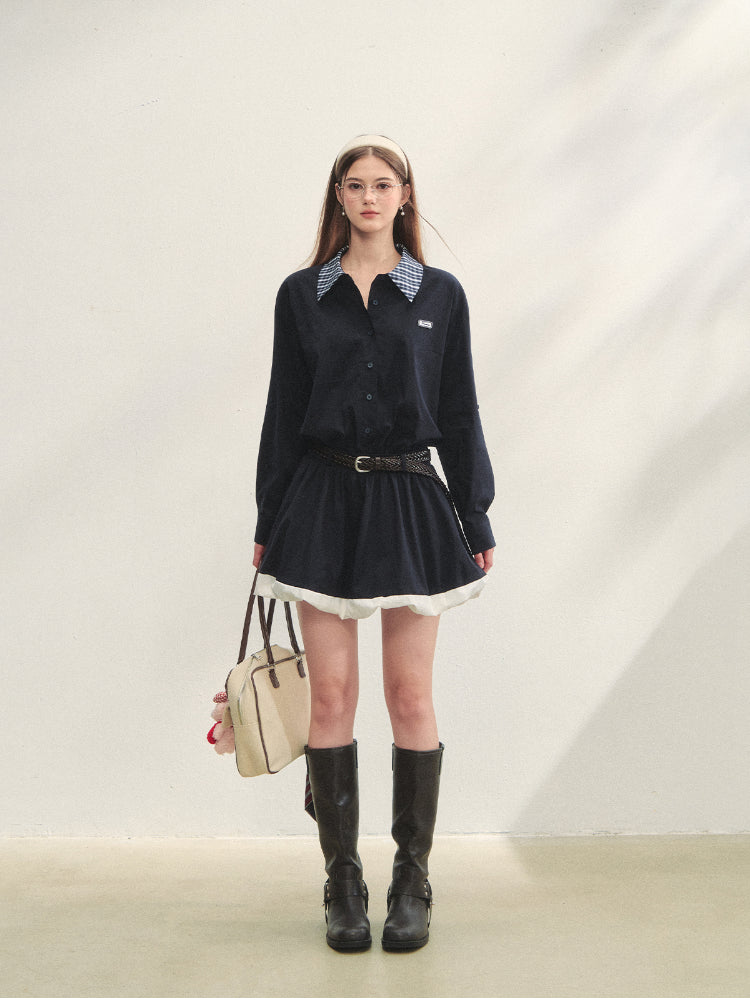 Black Lapel Checkered Panel Tulip Dress