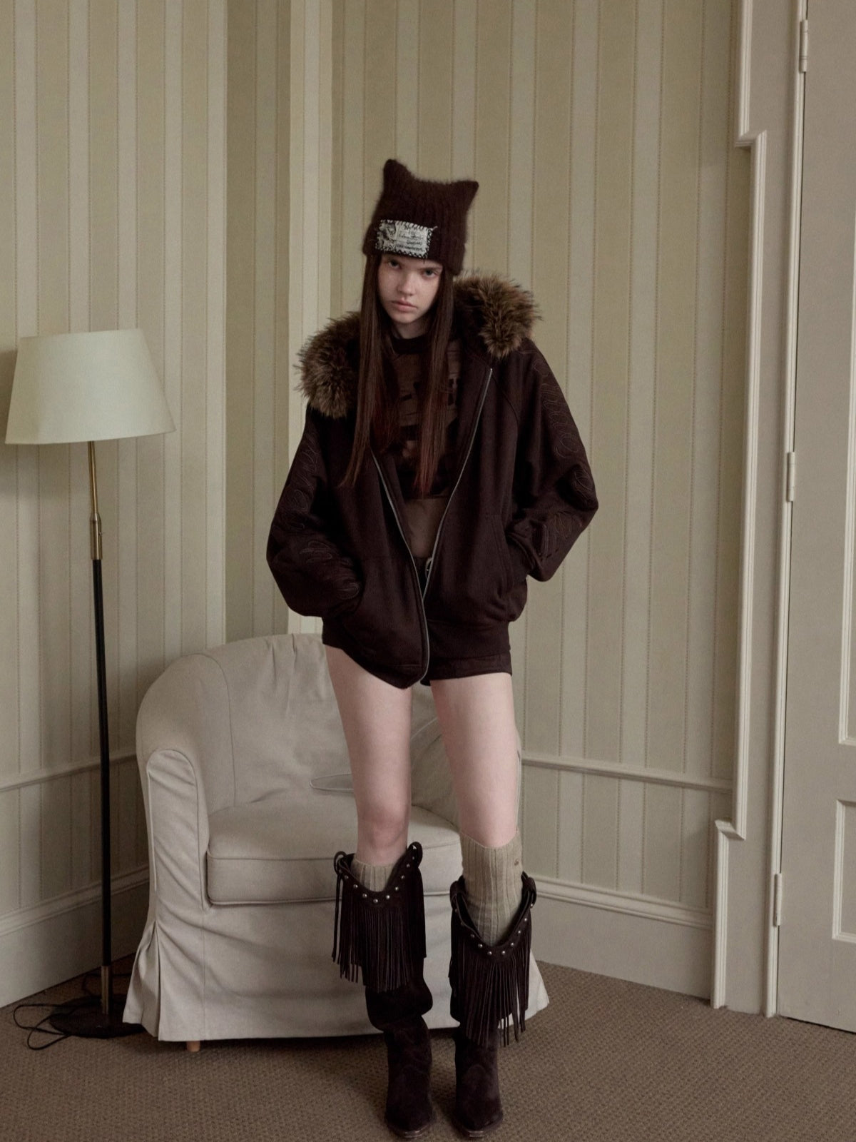 Velvet-Textured Sport Print Mesh Blouse