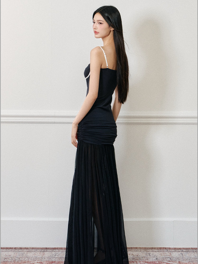 Color-Block Waist-Cinched Rose Slip Maxi Dress