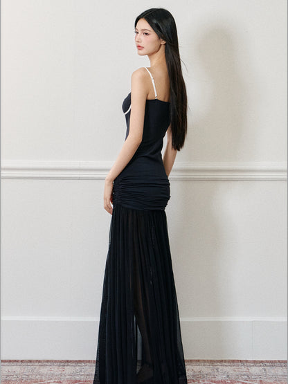 Color-Block Waist-Cinched Rose Slip Maxi Dress