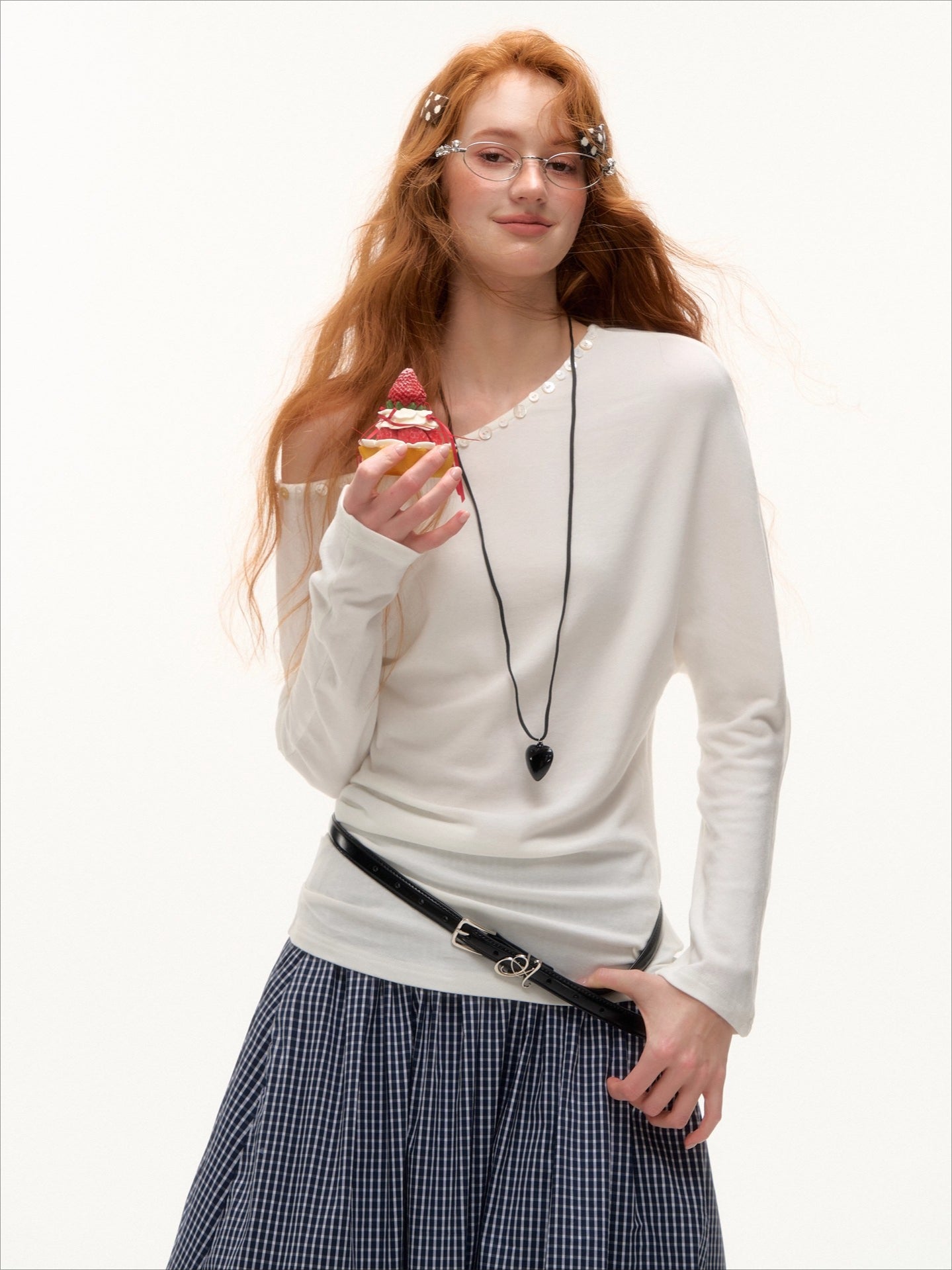 Off-Shoulder Pearl-Button Long-Sleeve T-Shirt