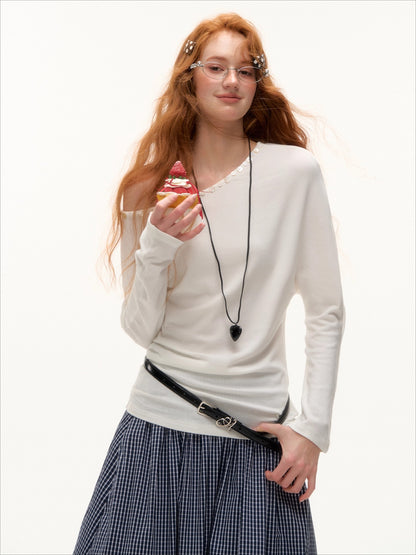 Off-Shoulder Pearl-Button Long-Sleeve T-Shirt