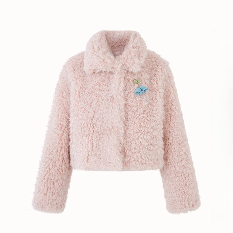 Cranberry Snow Plush Faux Fur Short Jacket