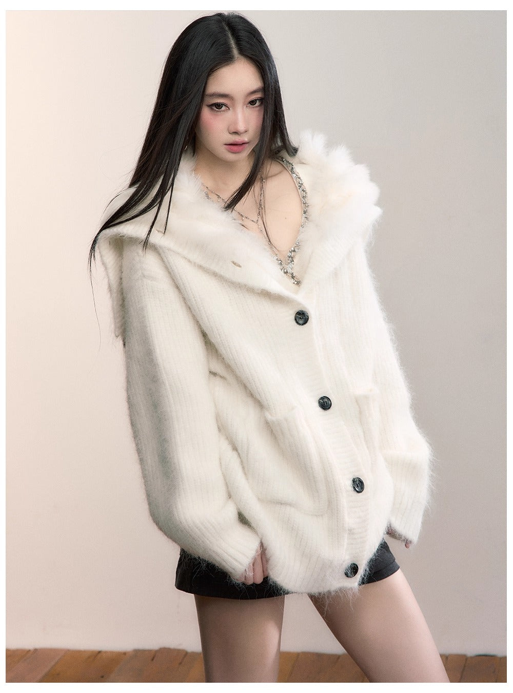 Fox Fur Collar Plush Knit Cardigan