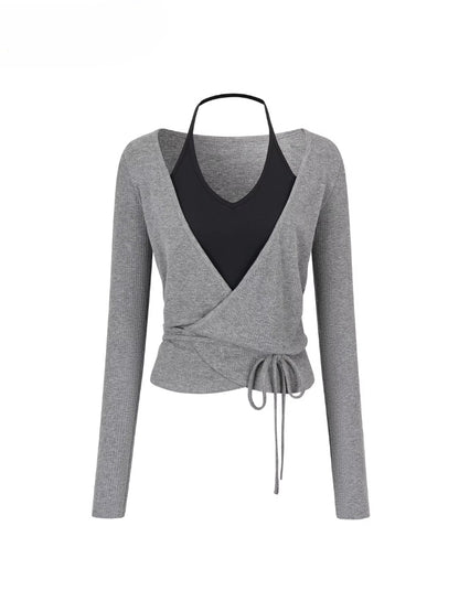 Fake Two-Piece Color-Blocked Strappy T-Shirt - CHINASQUAD