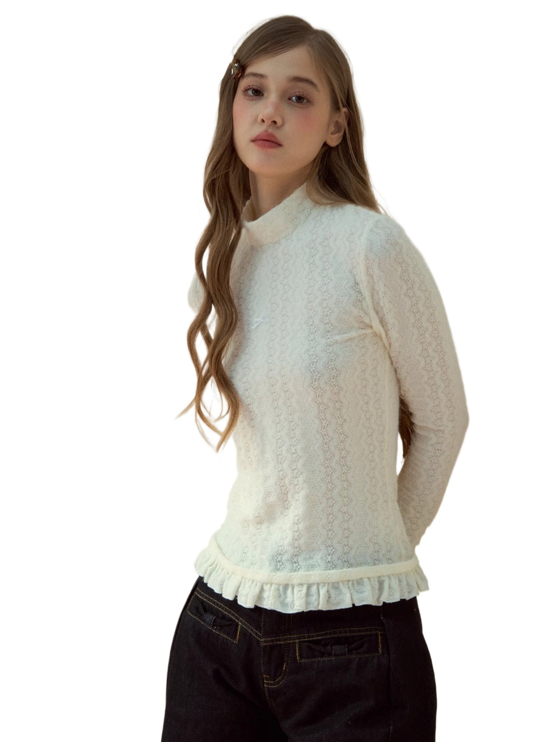 Layered Lace-Texture Mock Neck Knit T-Shirt