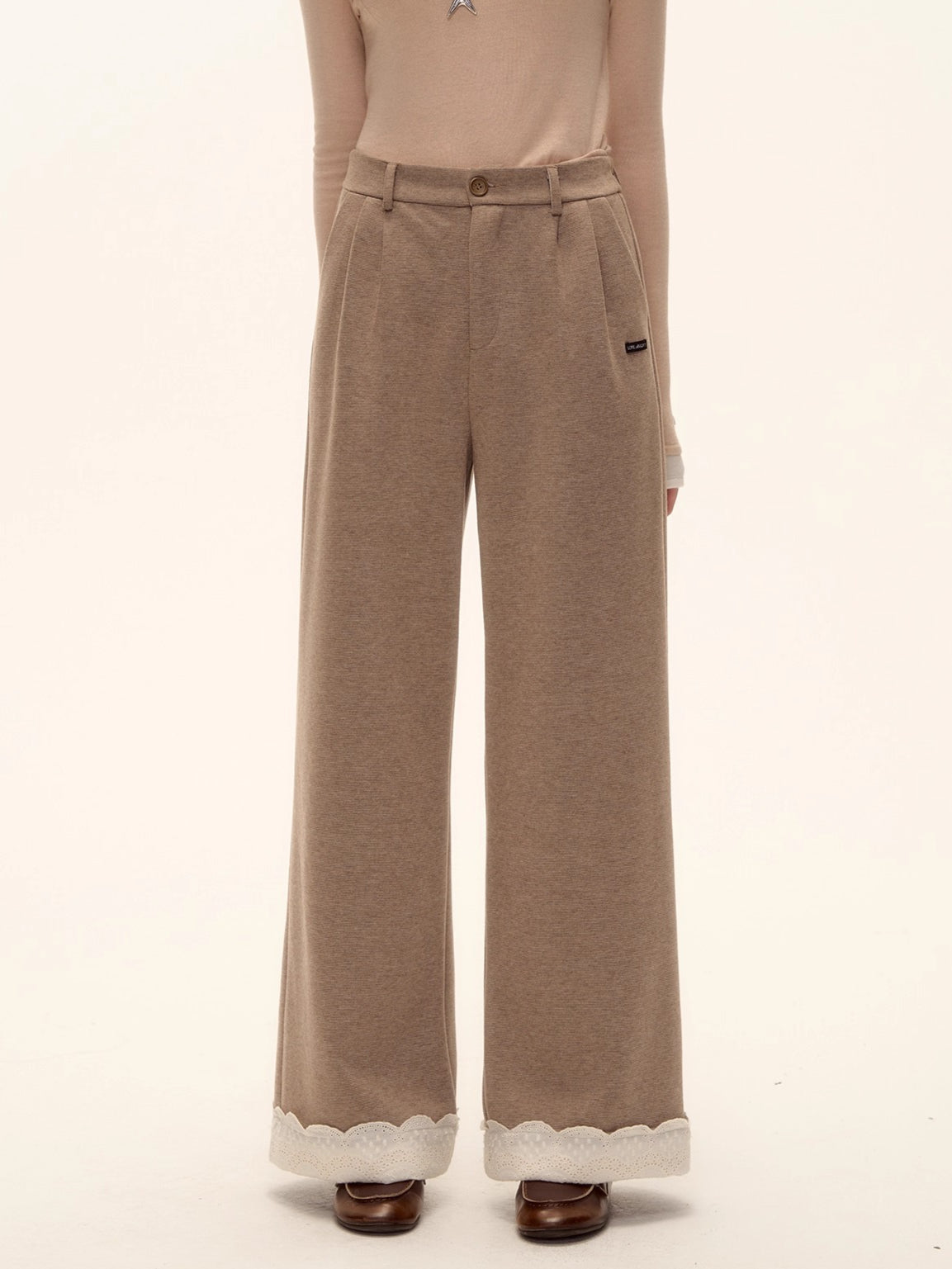 Embroidered Hem Wool Blend Wide-Leg Trousers