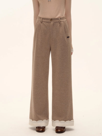 Embroidered Hem Wool Blend Wide-Leg Trousers