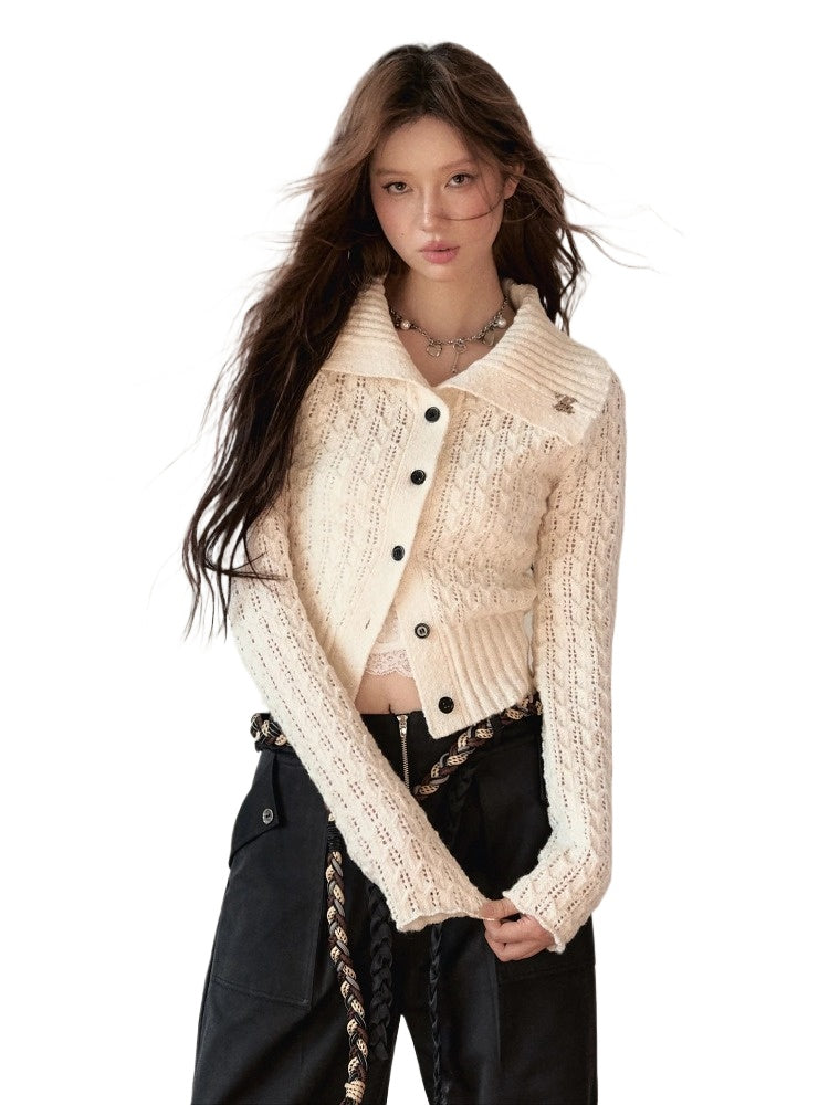 Lapel Collar Wool Short Knit Cardigan