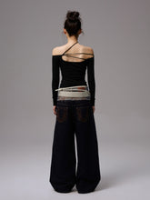 One-Shoulder Beaded Strappy Solid Color T-Shirt - CHINASQUAD