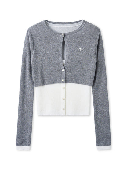 Fake Two-piece Layered Contrast-color Cardigan - CHINASQUAD