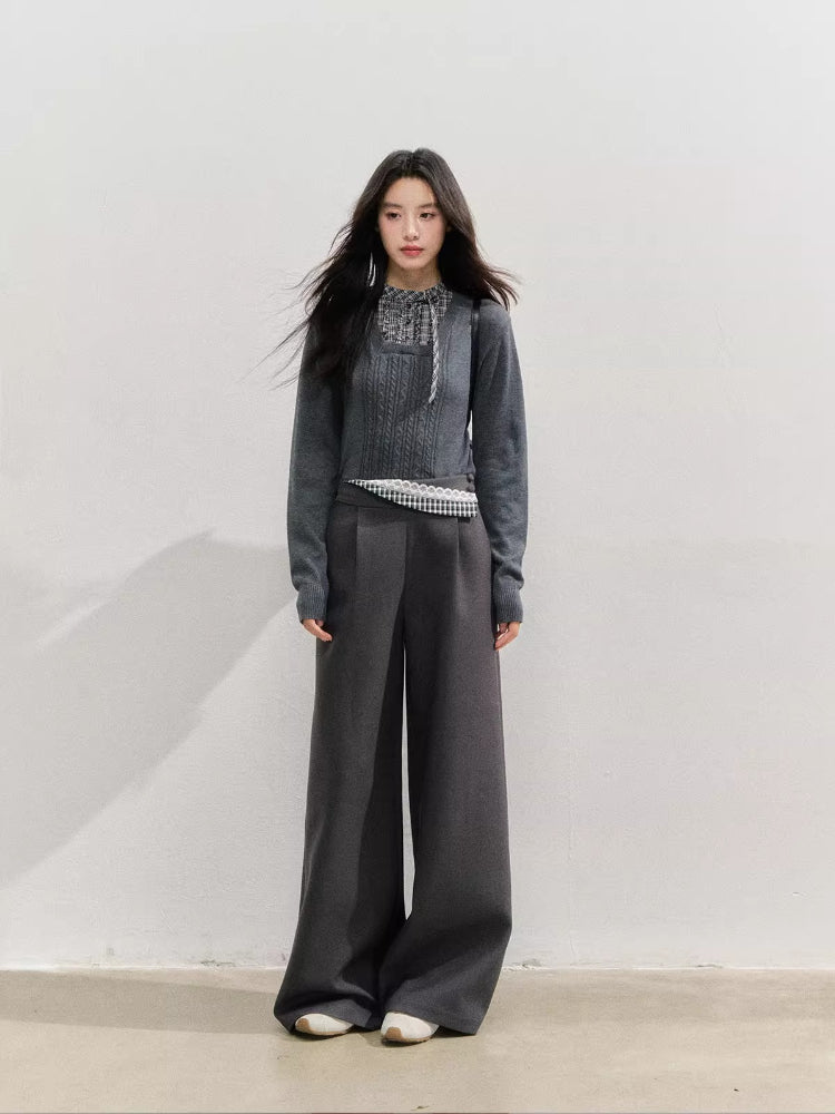 Plaid Panel Fold-Over Waist Straight Pants